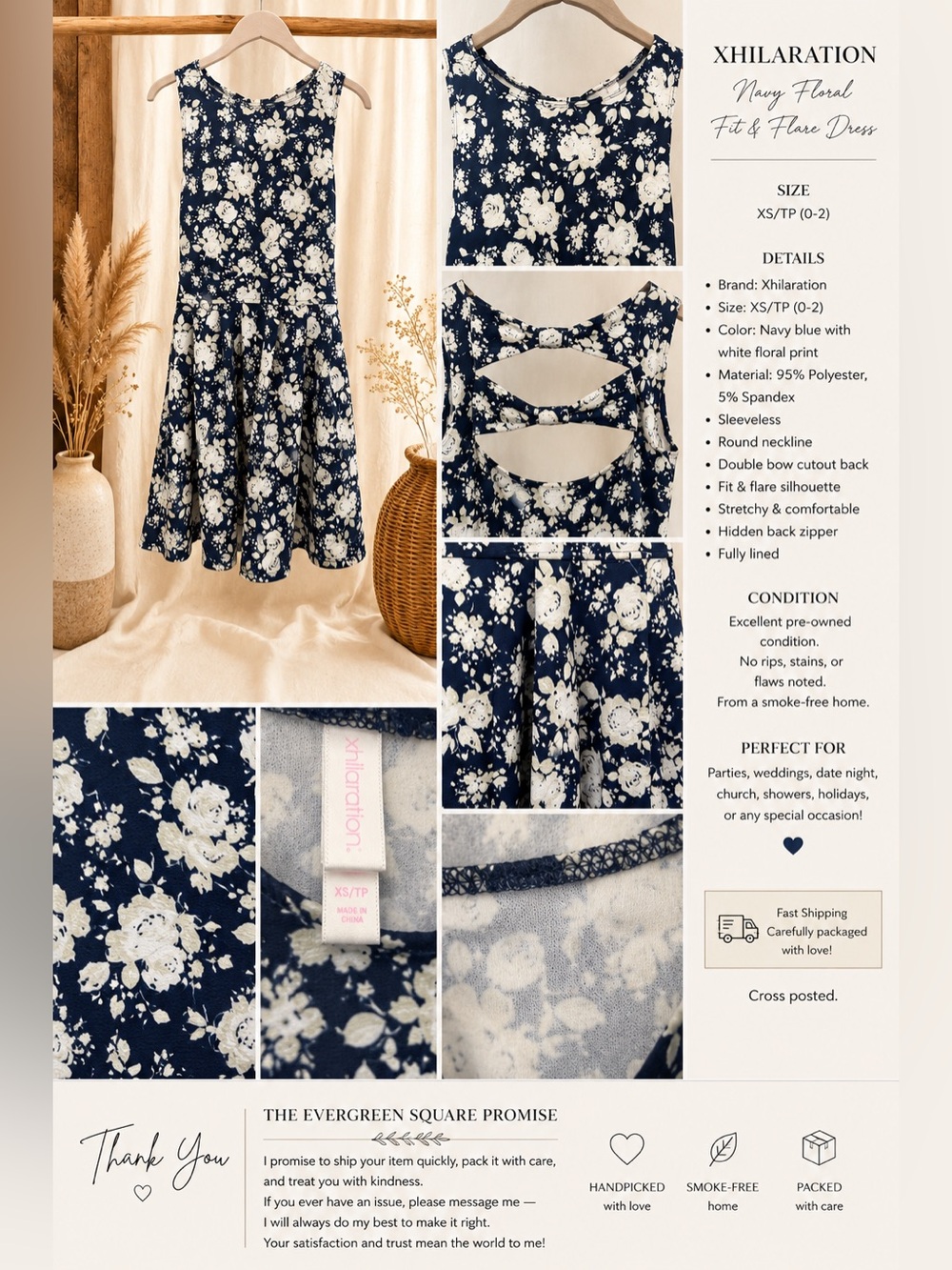 Xhilaration Navy Blue & White Floral Fit & Flare Dress XS – Bow Cutout Back